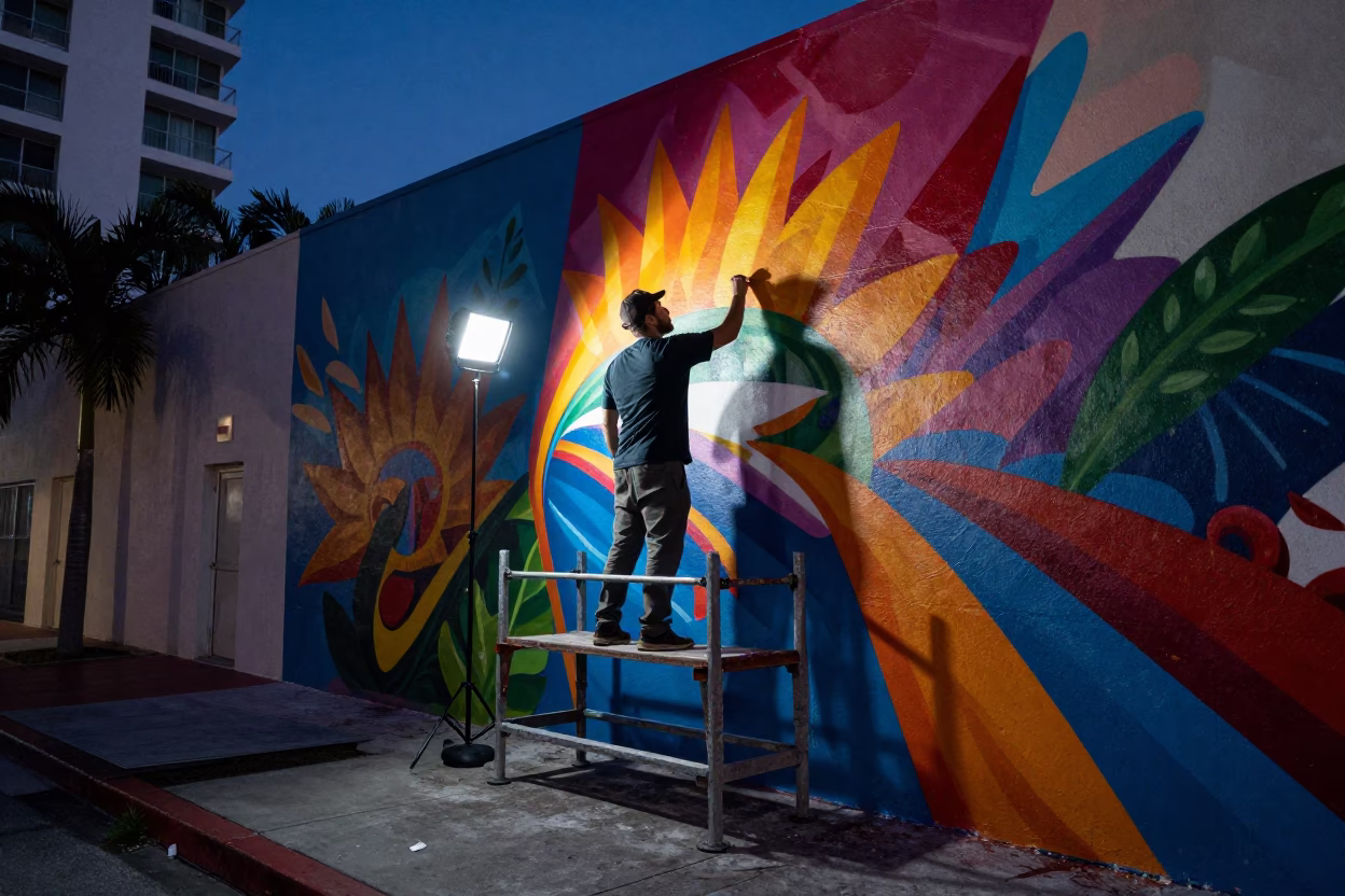 Street Artist Painting Vibrant Mural in Miami Under Predawn Darkness in in Miami, Florida, United States