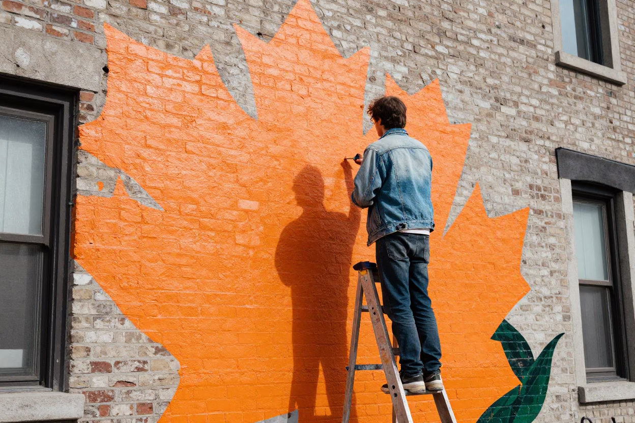 Street Artist Painting Vibrant Mural on Brick Wall in Montreal Quebec During Bright Midmorning in in Montreal, Quebec, Canada