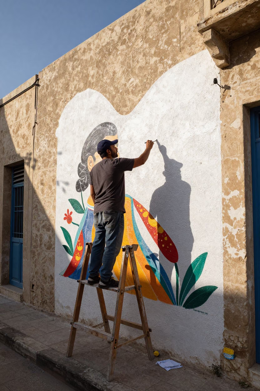 Street Artist Painting Vibrant Mural on Wall in Alexandria Egypt Early Afternoon Sunlight in in Alexandria, Egypt