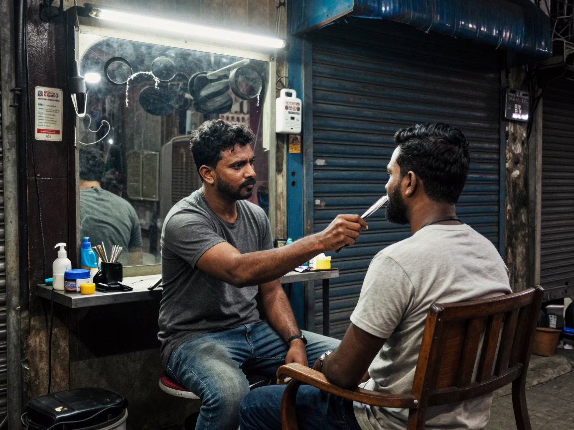 Street Barber at Midnight Light in Chennai in in Chennai, India