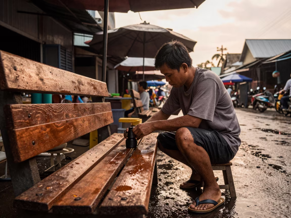 Street Barber Checking Detail in Hpa-An in along a market lane in Hpa-An