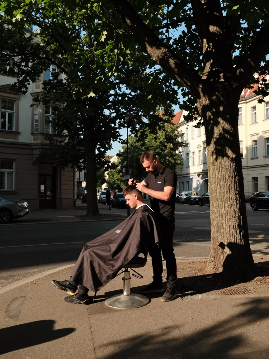 Street Barber in Berlin at Clear Late-afternoon Light in in Berlin, Germany