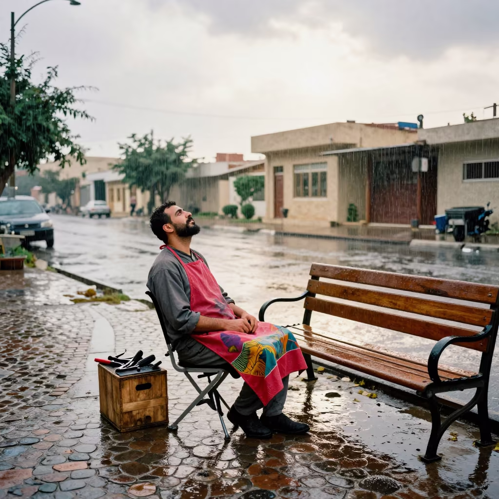 Street Barber Pausing on Courtyard Bench After Rain in near Mit Ghamr