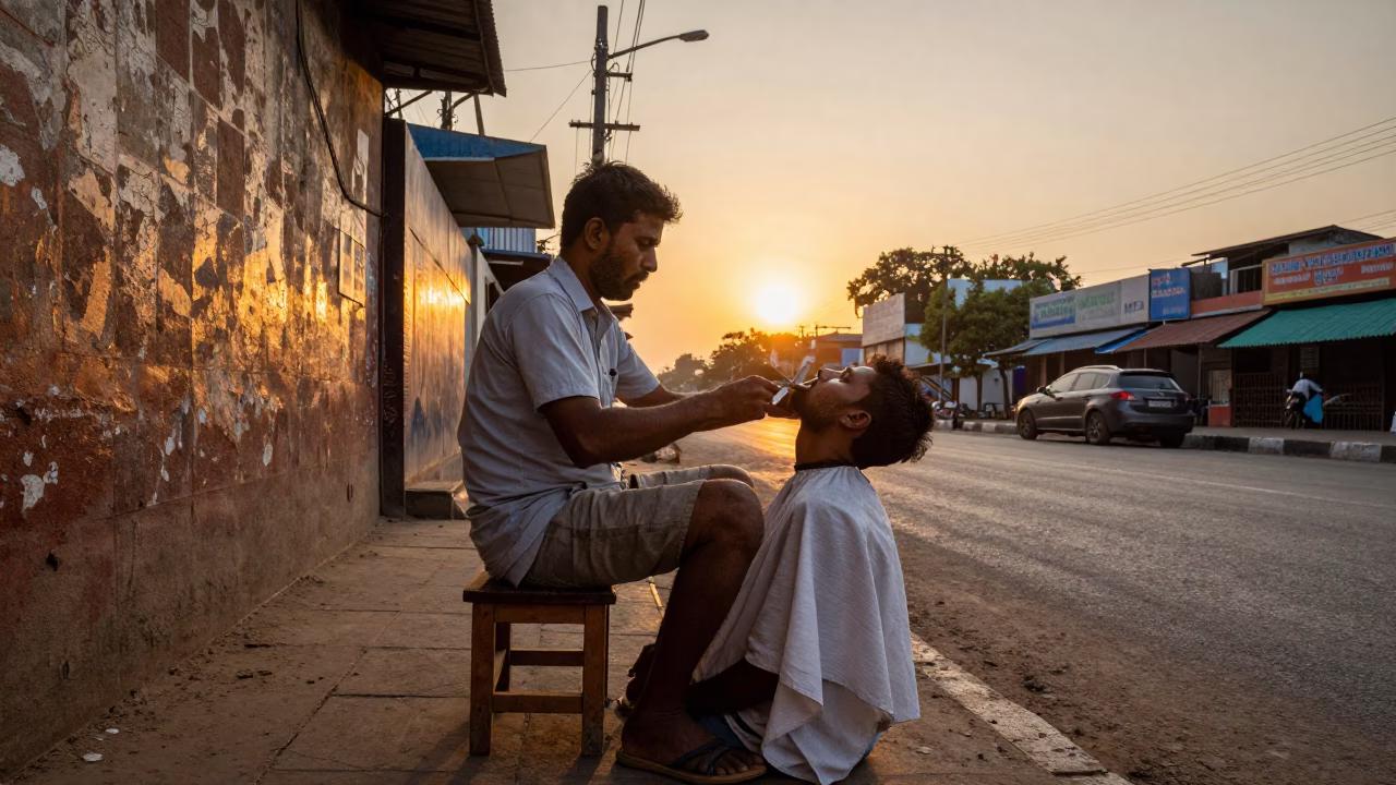 Street Barber Shaves Customer on Chennai Sidewalk During Golden Hour Sunset in in Chennai, India