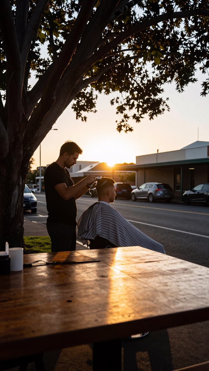 Street Barber Trimming Hair in Perth in in Perth, Western Australia, Australia