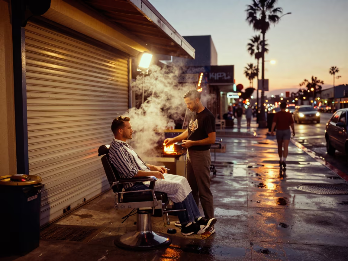 Street Barber Under City Lights in beside a steamed-up bus shelter in San Diego