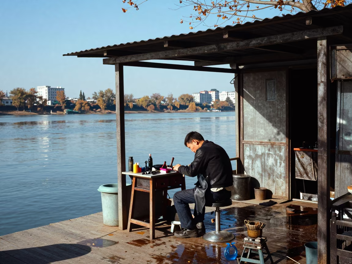 Street Barber in Xian Shed After Rain in in Xian
