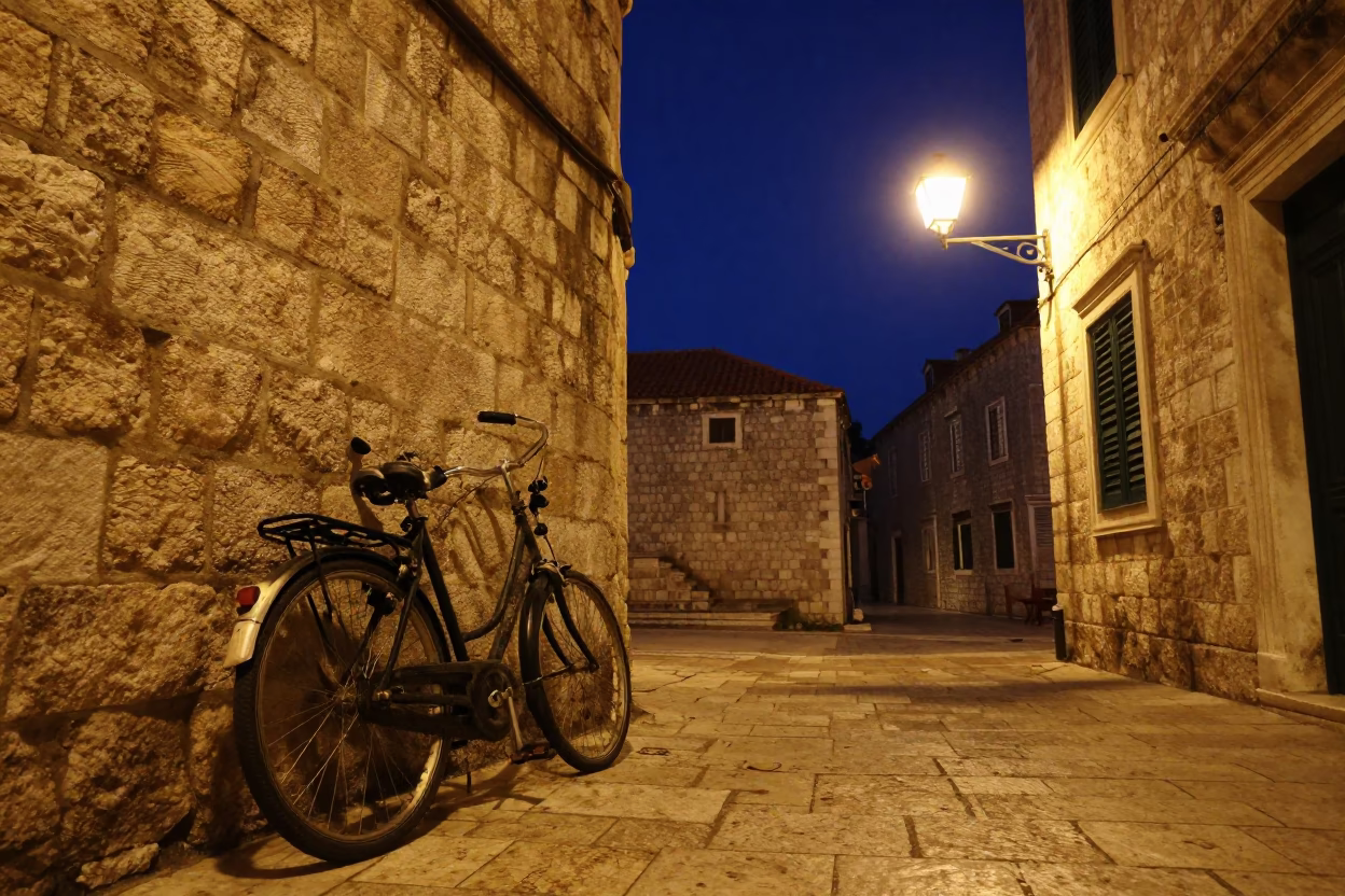 Street Bicycle in Dubrovnik at The Deepest Night Sky Light in in Dubrovnik, Croatia