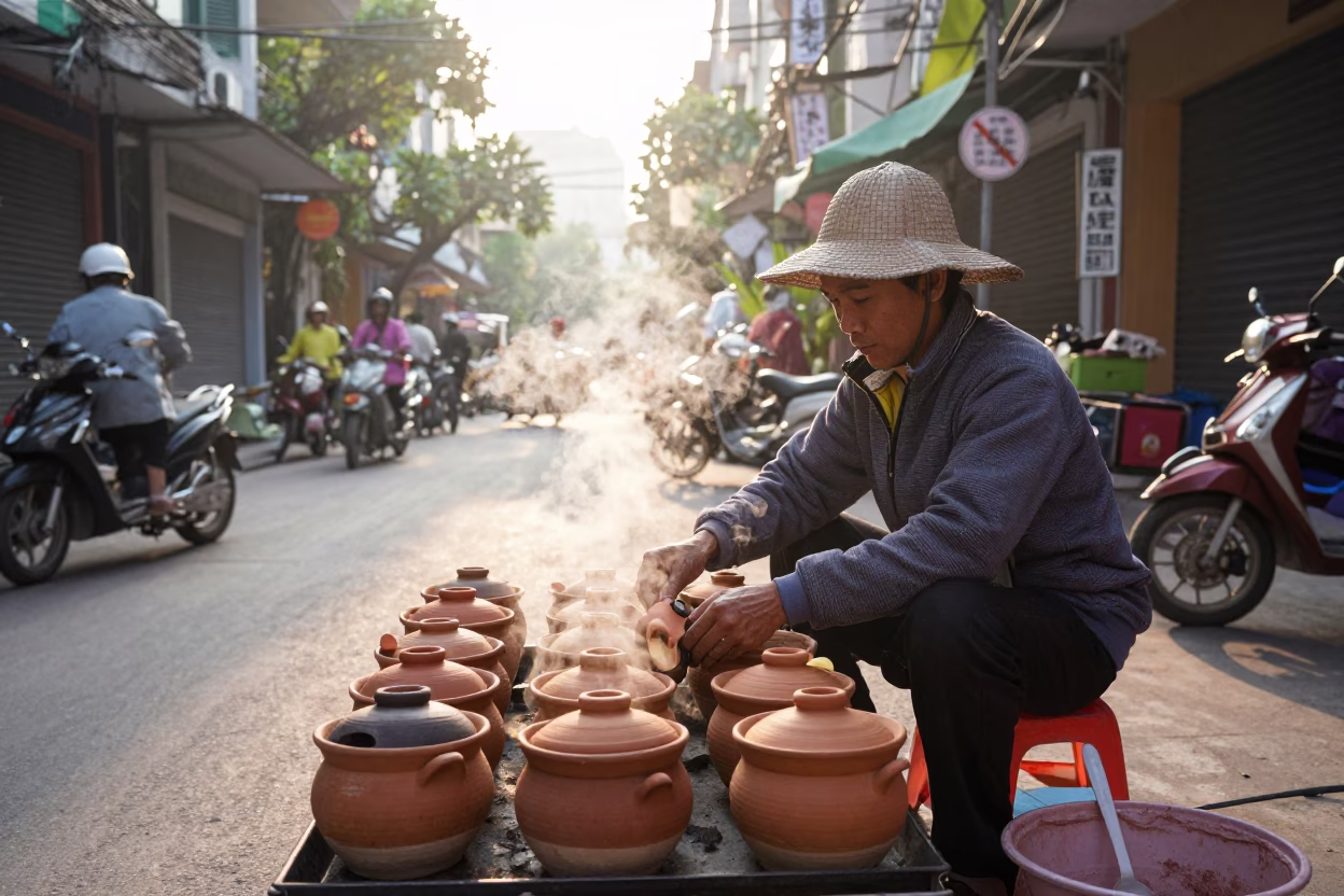 Street Breakfast in Hanoi at The Early Morning Light in in Hanoi, Vietnam