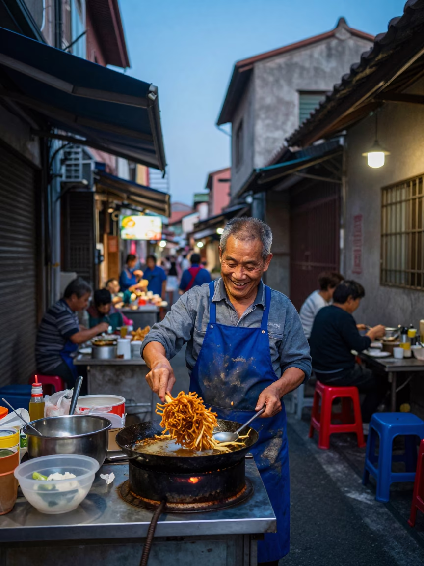 Street Breakfast in Tainan at Nautical Dawn Light in in Tainan, Taiwan