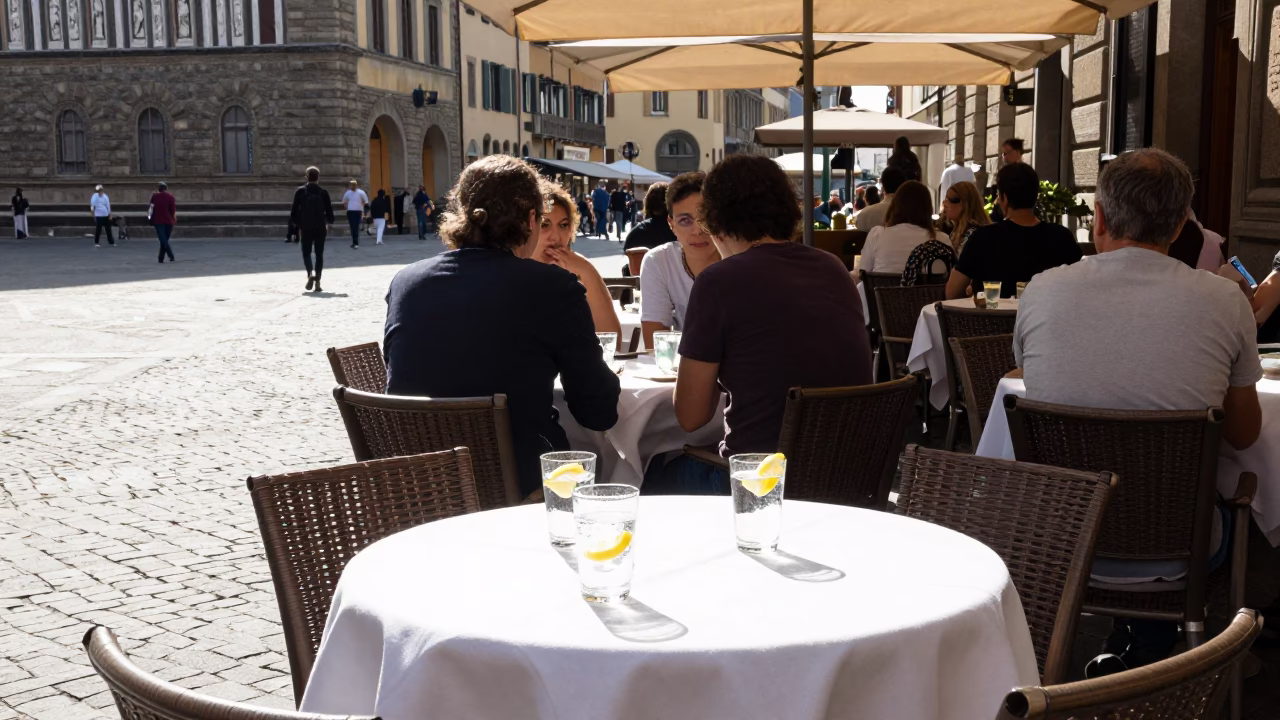 Street Cafe in Florence at Bright Midmorning Light in in Florence, Italy