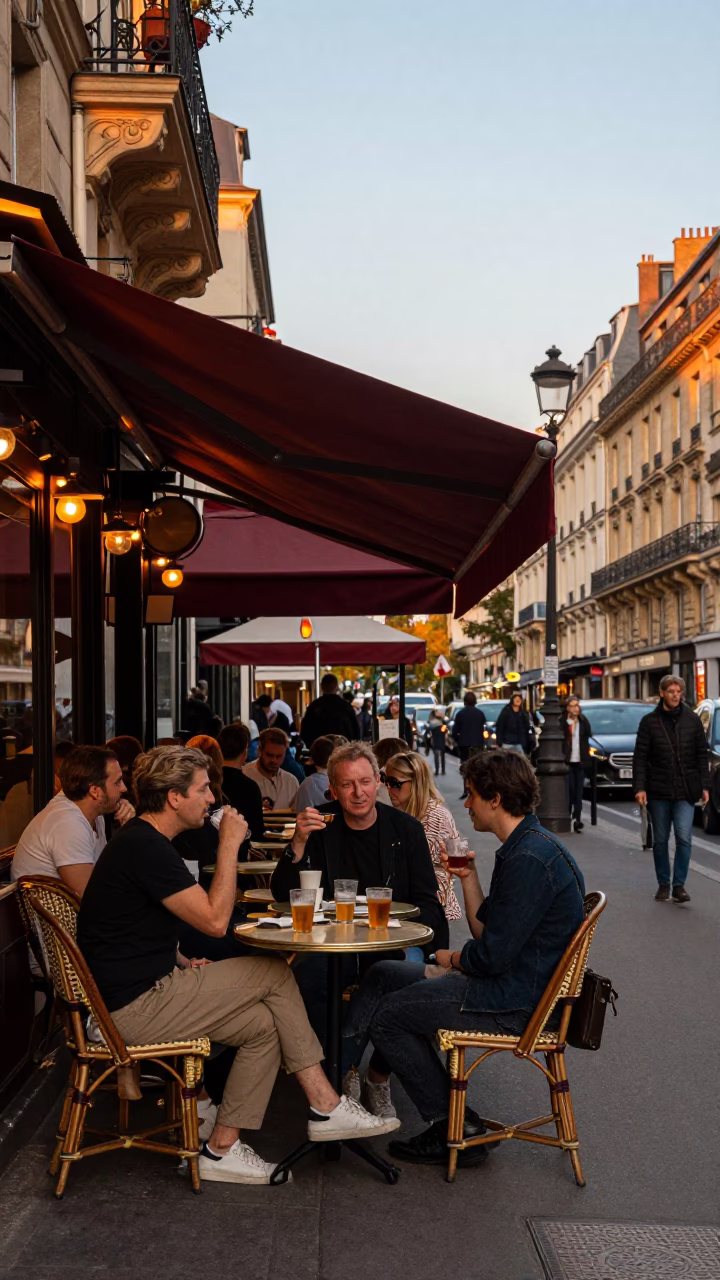 Street Cafe in Paris at Sunset Light in in Paris, France
