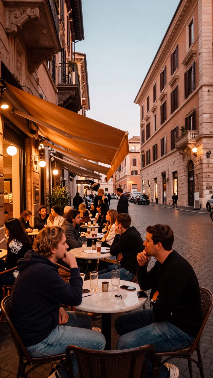 Street Cafe in Rome at Copper-toned Light Before Dusk in in Rome, Italy