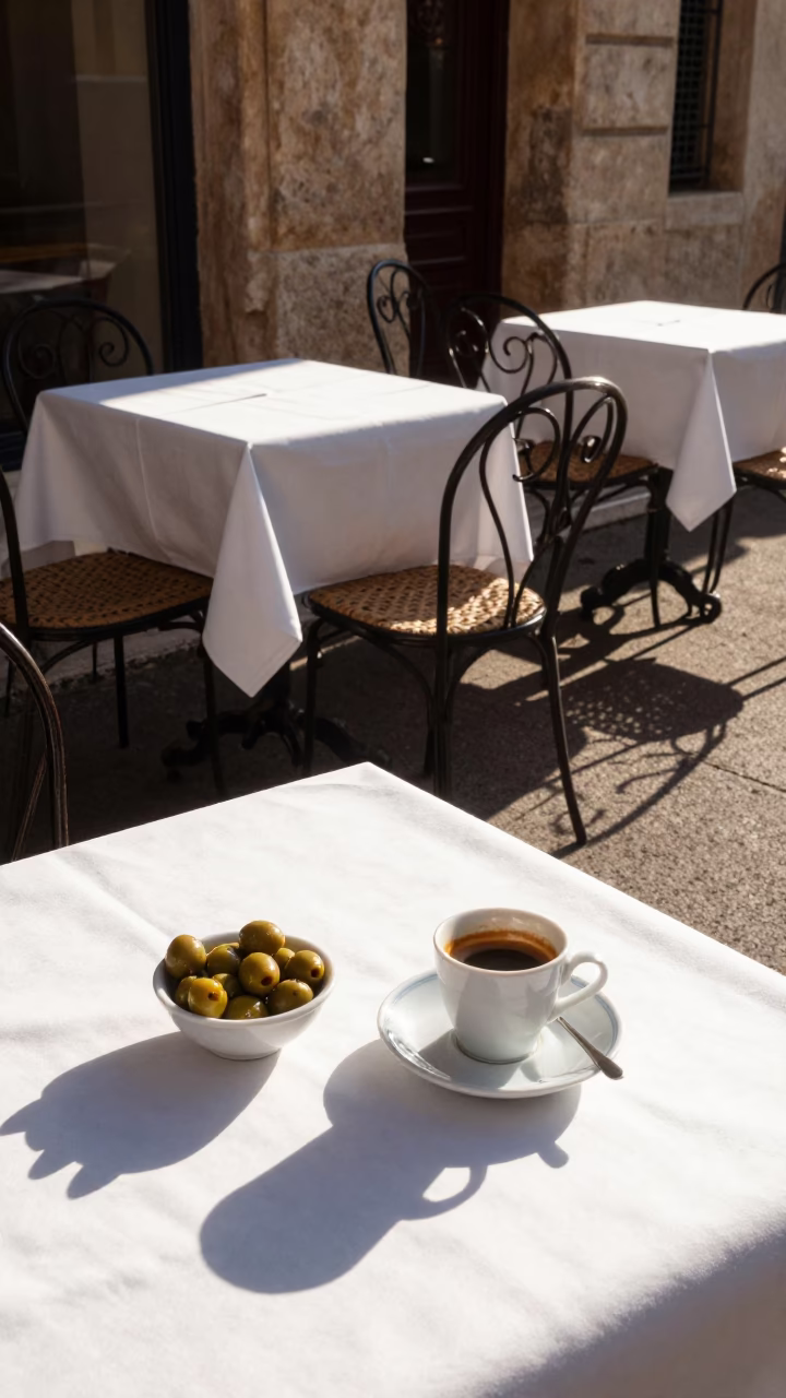 Street Cafe just after sunrise in Marseille in in Marseille, France