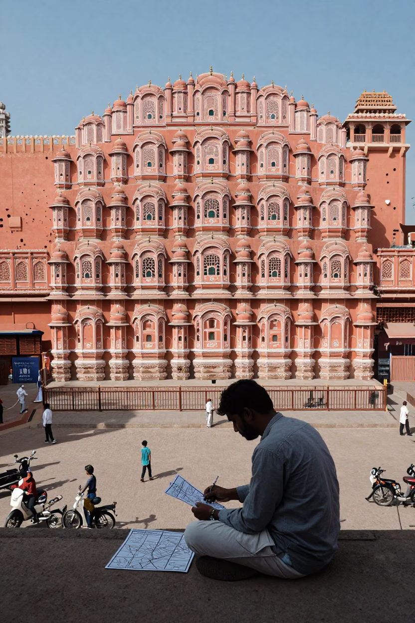 Street Cartographer Mapping Jaipur Pink City Noon with Ink Stained Hands and Spectacles in in Jaipur, India