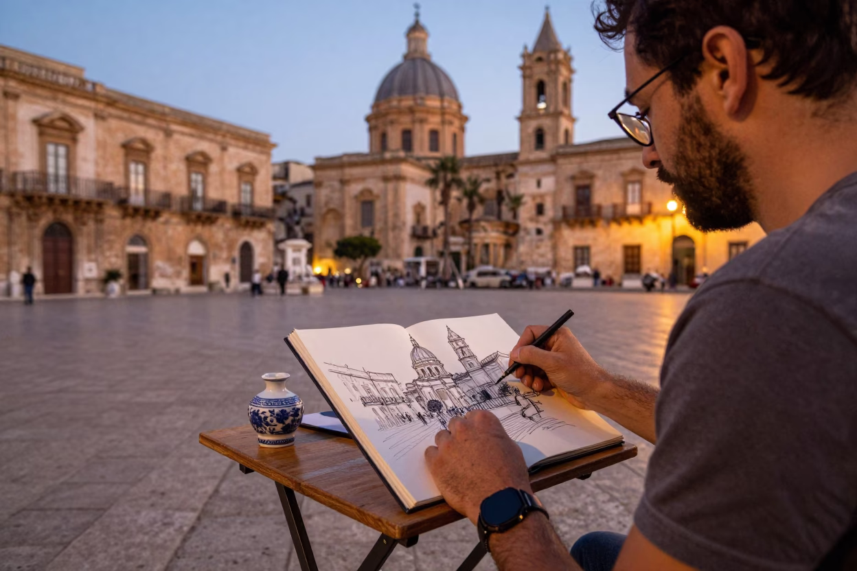 Street Cartographer Sketching in Palermo Evening Light with Porcelain and Plate in in Palermo, Italy