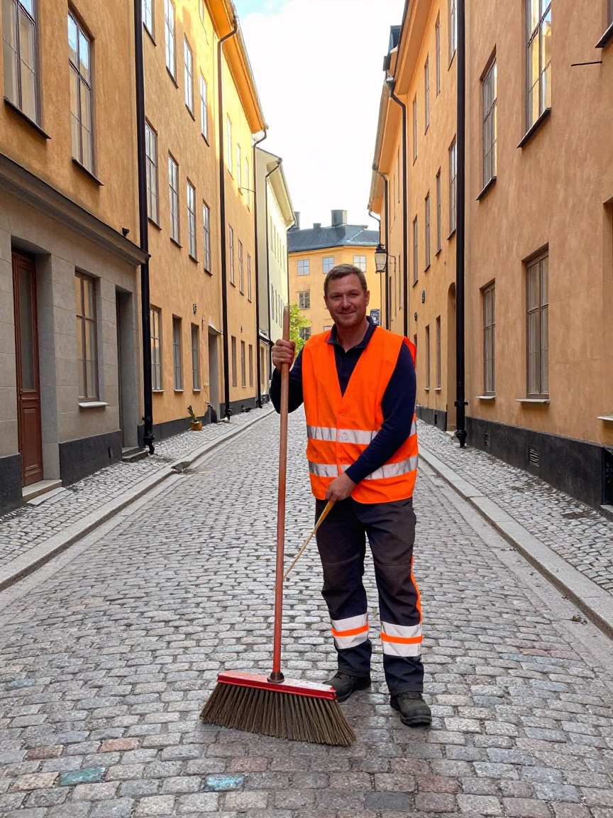 Street Cleaner Sweeping Cobblestone Alley in Stockholm Late Morning Light in in Stockholm, Sweden