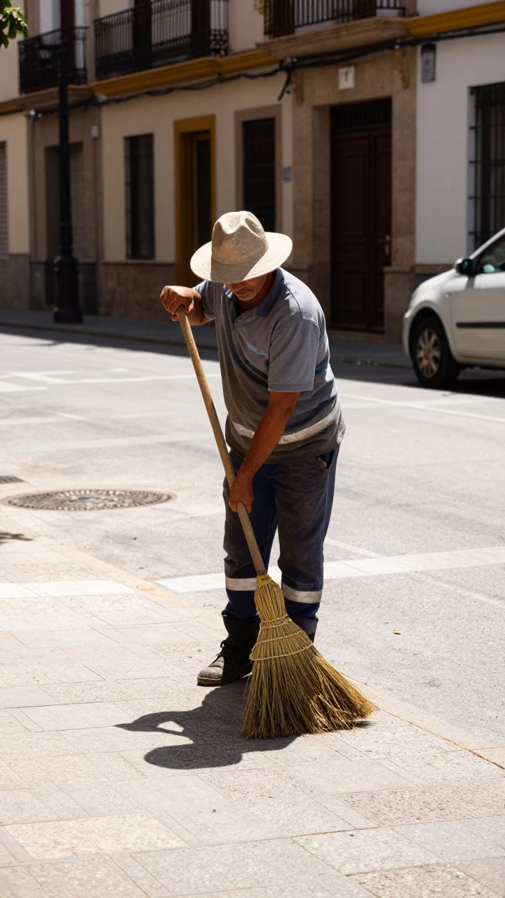 Street cleaner with hand broom under flat noon glare in Valencia Spain in in Valencia, Spain