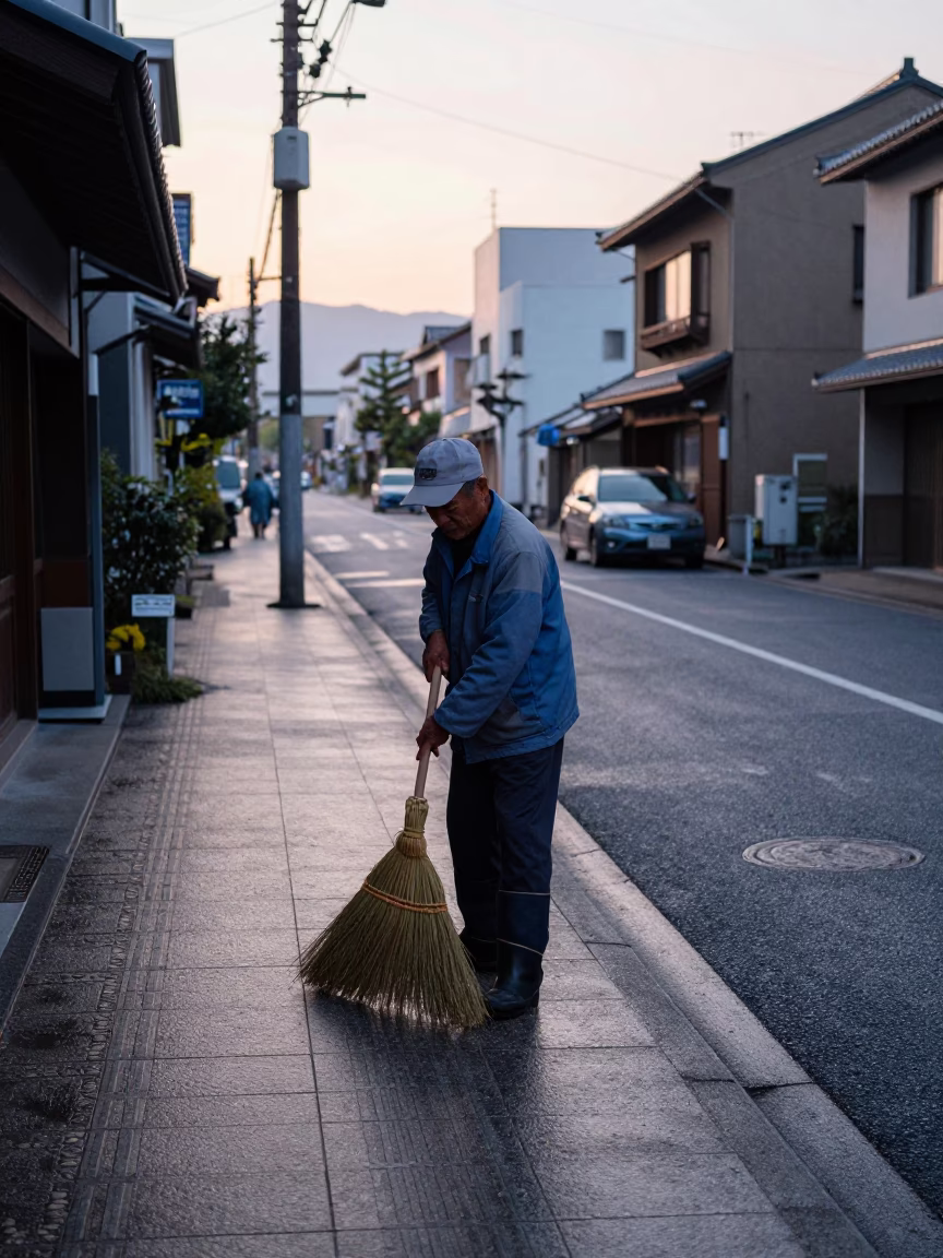 Street Cleaning in Fukuoka at Sunrise Light in in Fukuoka, Japan
