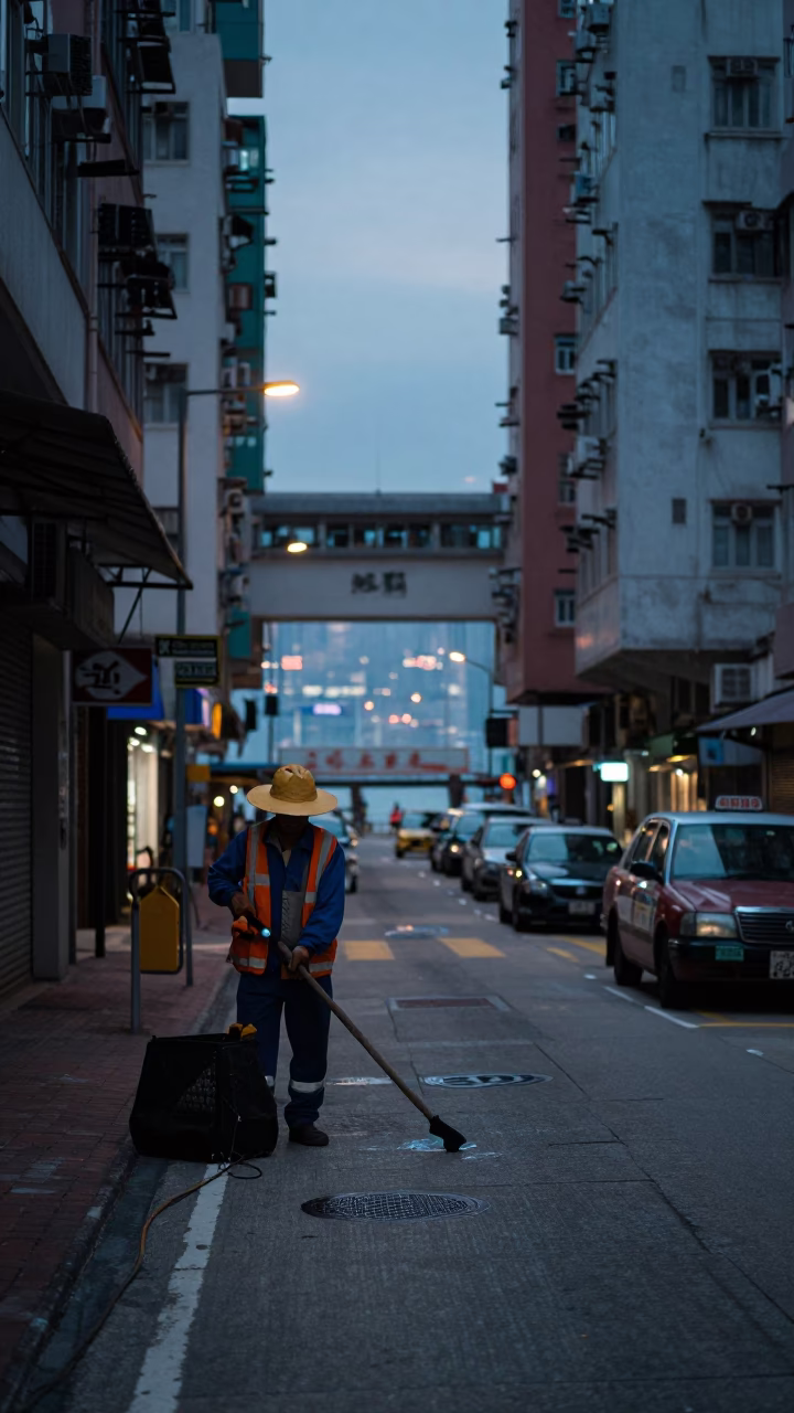 Street Cleaning in Hong Kong at Sunrise Light in in Hong Kong, Hong Kong