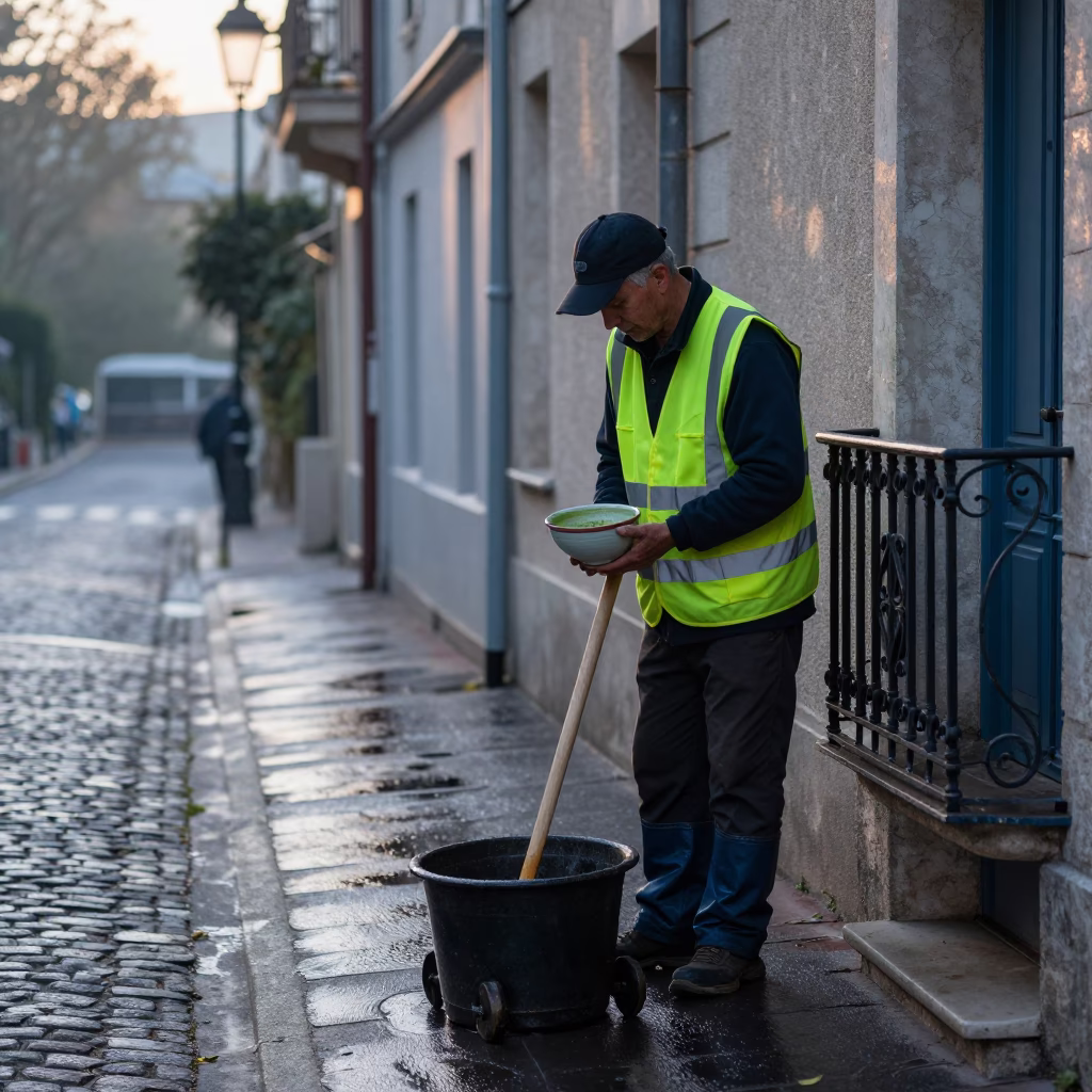 Street Cleaning in Nice at Sunrise Light in in Nice, France