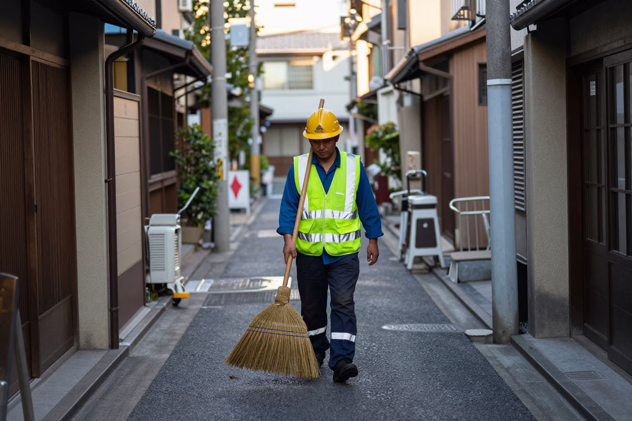 Street Cleaning in Osaka at As First Light Reaches The Scene in in Osaka, Japan