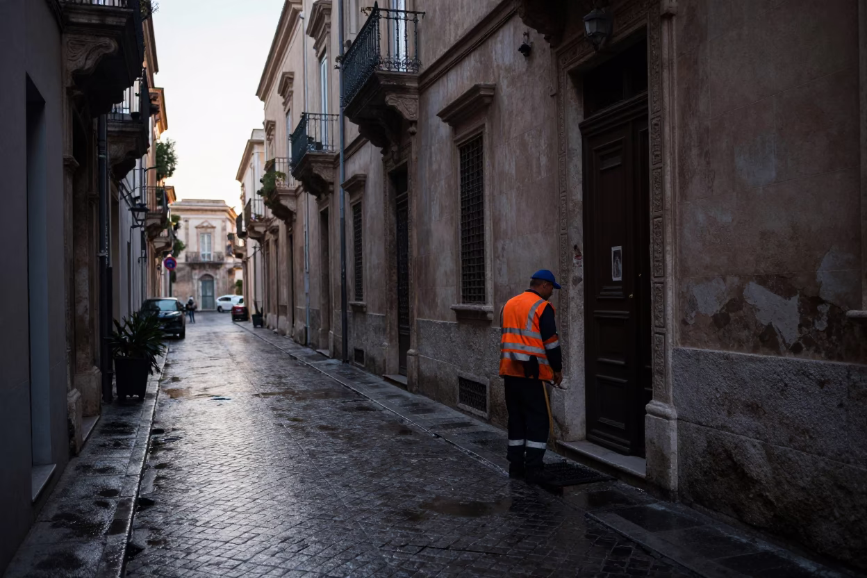 Street Cleaning in Palermo at Sunrise Light in in Palermo, Italy