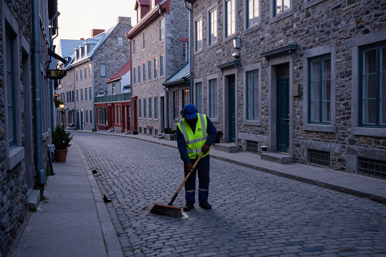 Street Cleaning in Quebec City at Sunrise Light in in Quebec City, Quebec, Canada