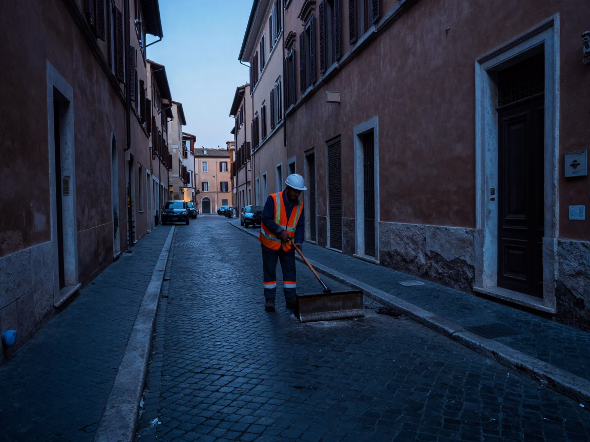 Street Cleaning in Rome at The Still Hours Before Dawn Light in in Rome, Italy