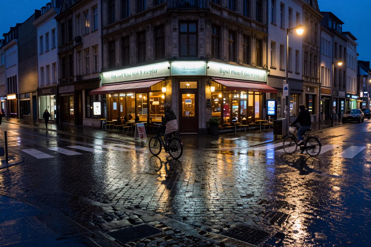 Street Corner after dark in Brussels in in Brussels, Belgium