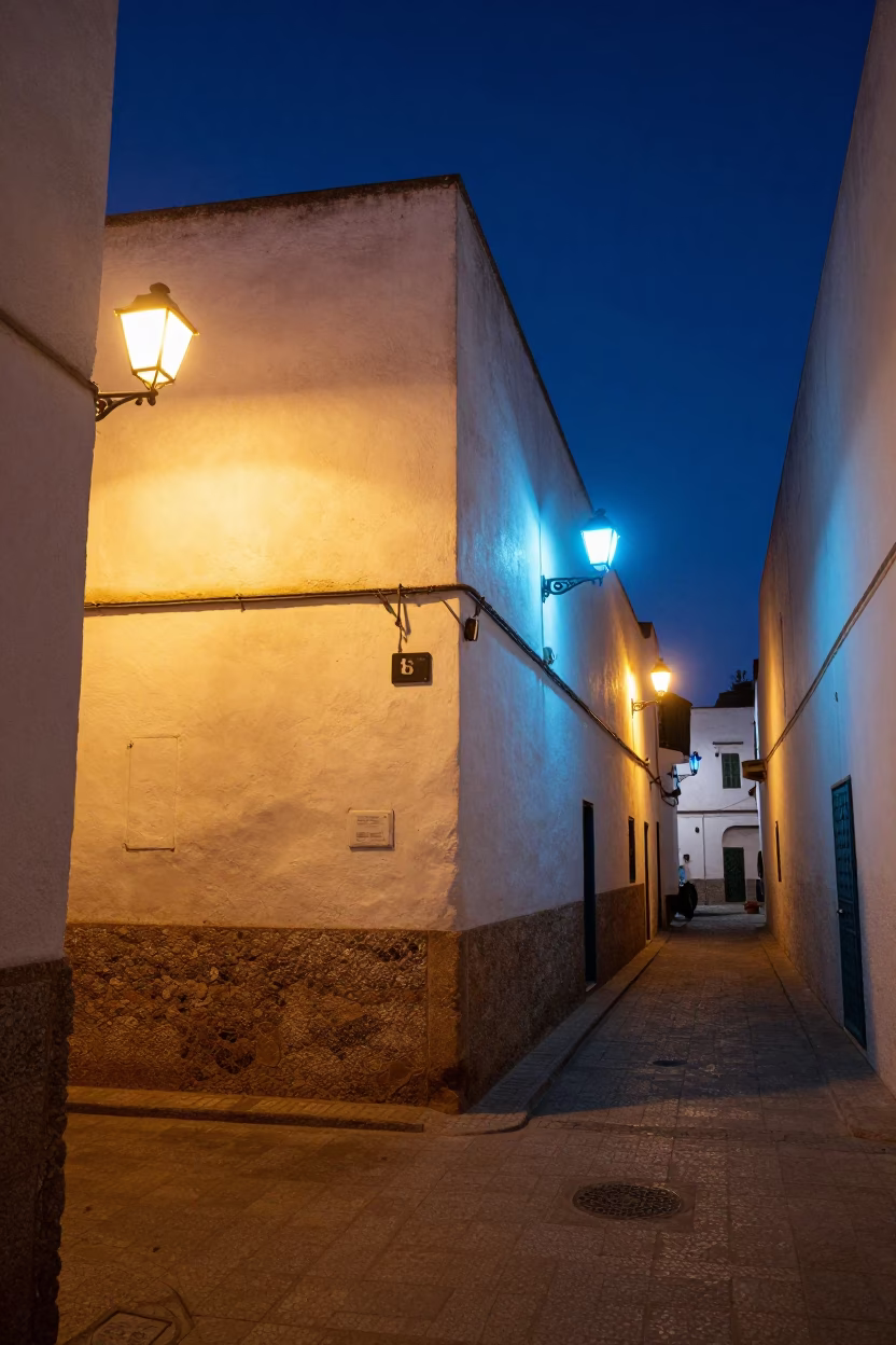 Street Corner after dark in Essaouira in in Essaouira, Morocco