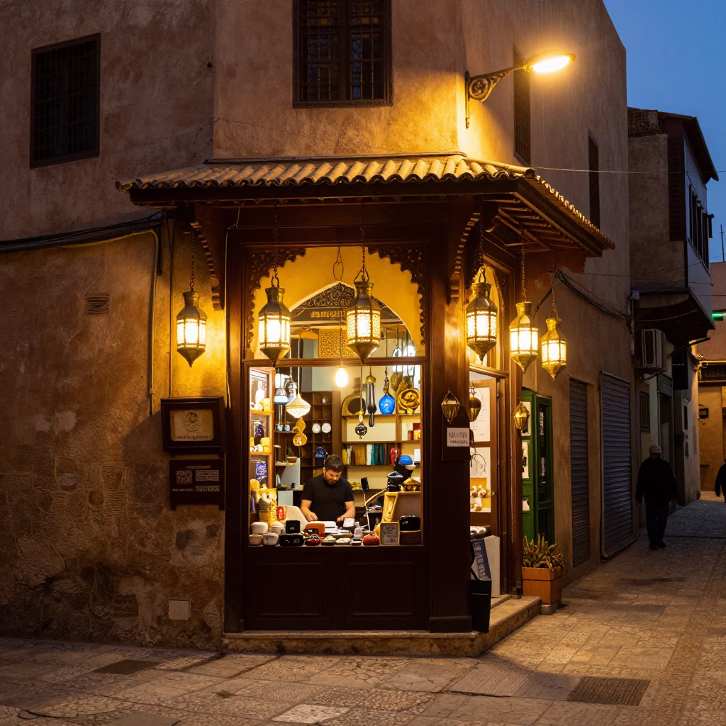Street Corner after dark in Fez in in Fez, Morocco