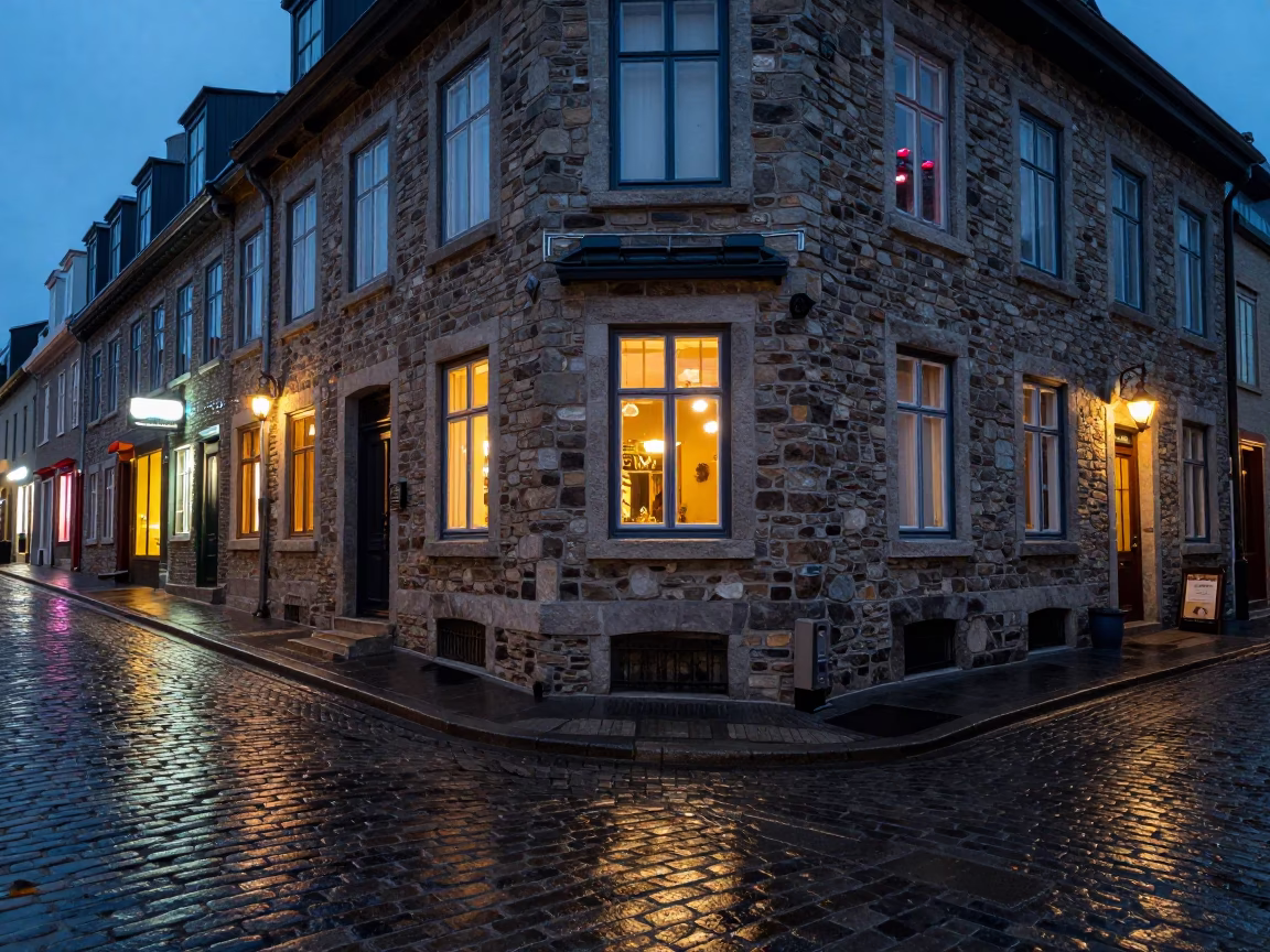 Street Corner after dark in Quebec City in in Quebec City, Quebec, Canada