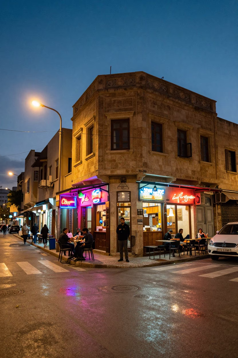 Street Corner at As City Lights Begin To Glow in Beirut in in Beirut, Lebanon