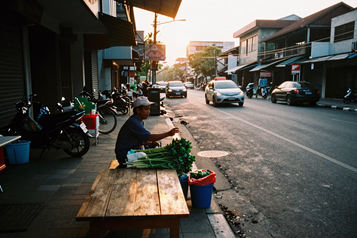Street Corner at As First Light Reaches The Scene in Surabaya in in Surabaya, Indonesia