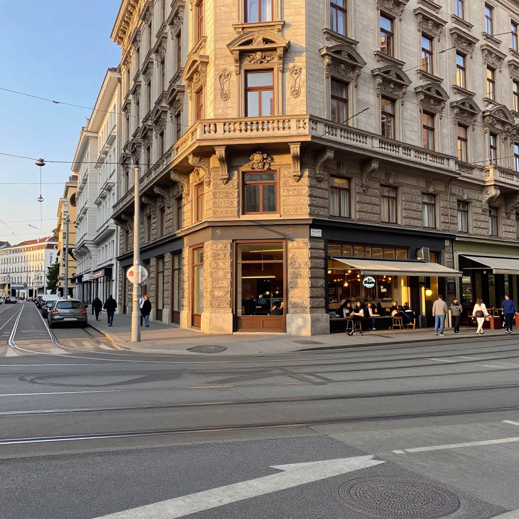 Street Corner at As First Light Reaches The Scene in Vienna in in Vienna, Austria