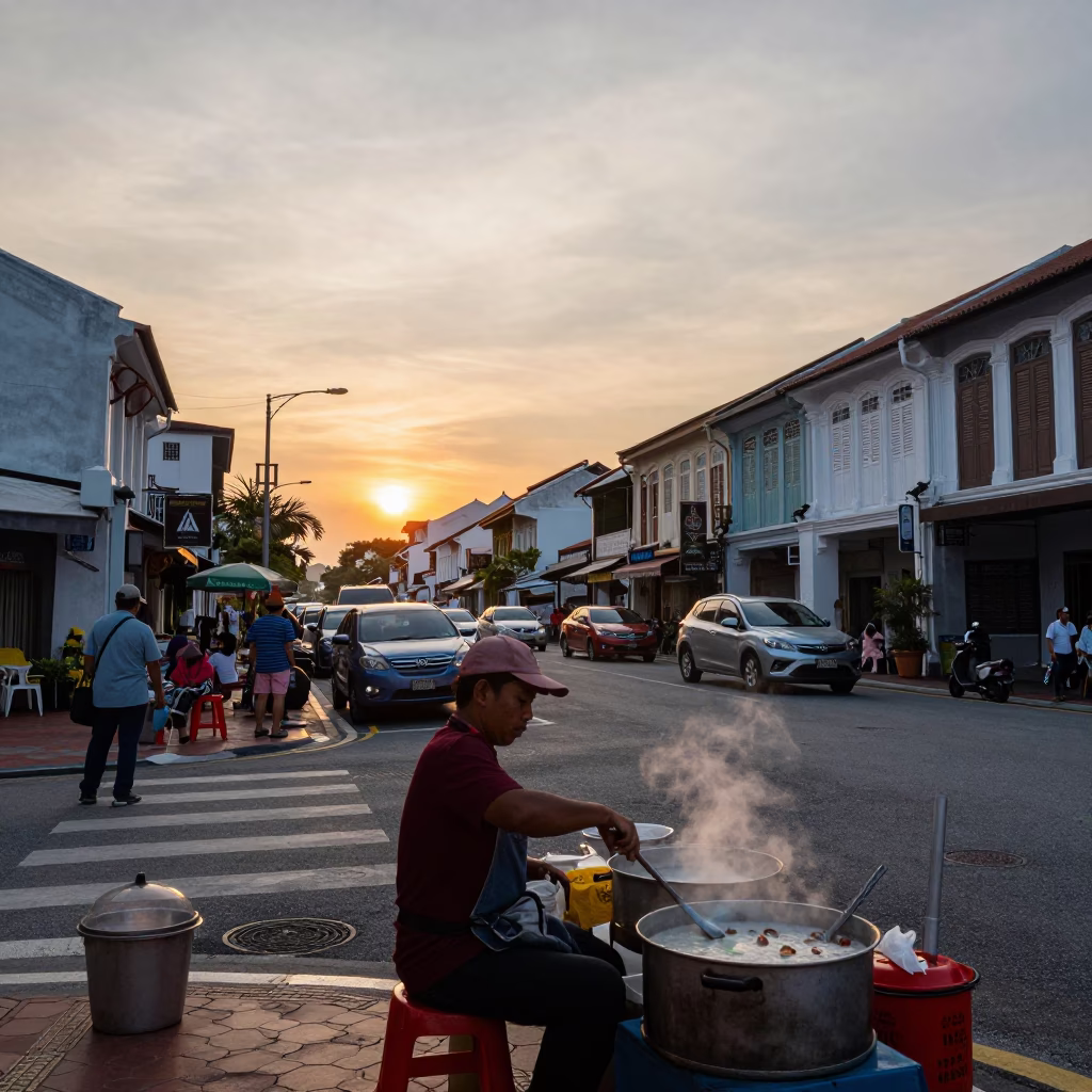 Street Corner at As The Sun Drops Toward The Horizon in George Town in in George Town, Malaysia