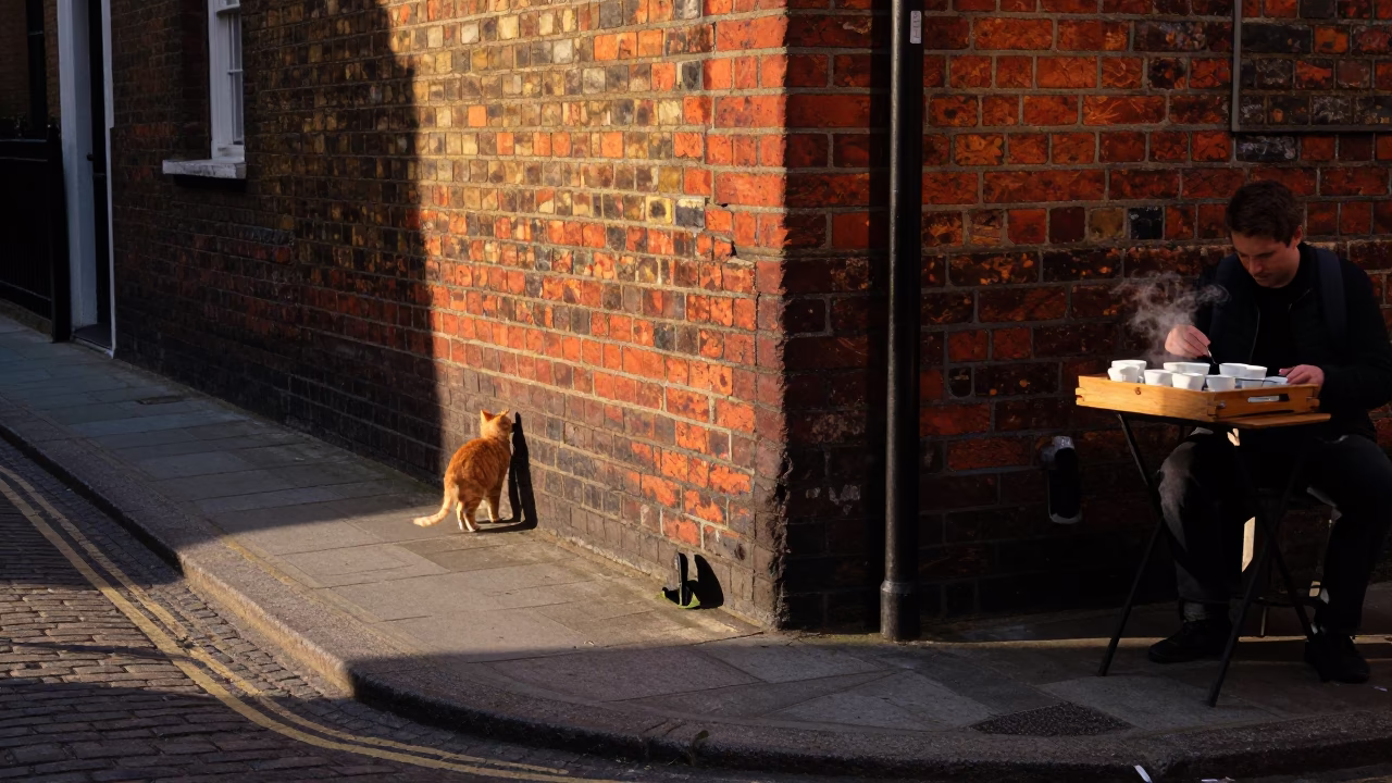 Street Corner at As The Sun Drops Toward The Horizon in London in in London, United Kingdom