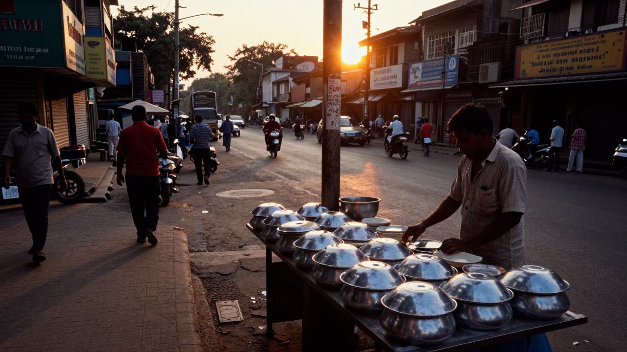 Street Corner at As The Sun Drops Toward The Horizon in Mumbai in in Mumbai, India