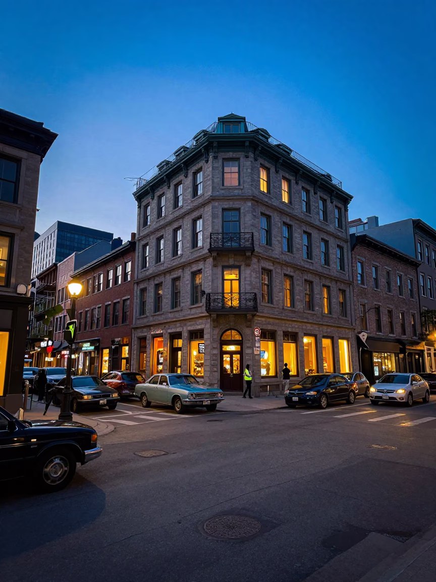 Street Corner at Blue Hour in Montreal in in Montreal, Quebec, Canada