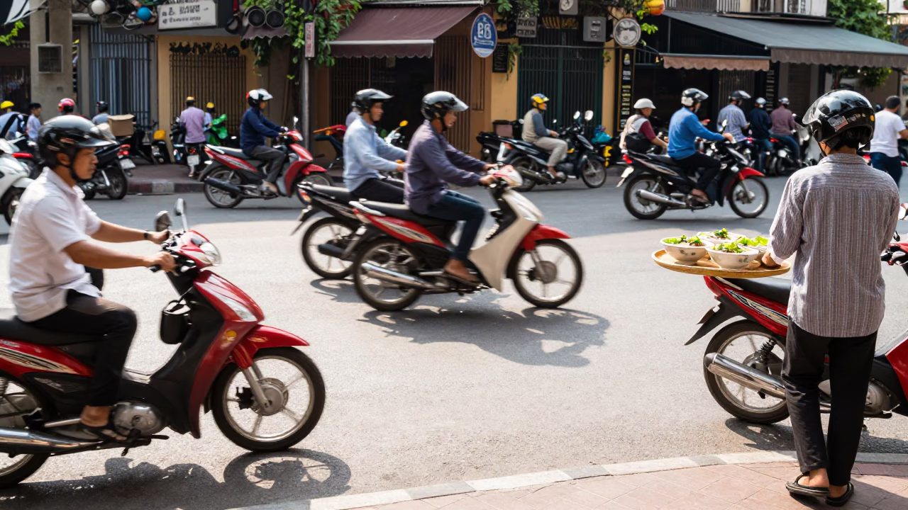 Street Corner at Bright Midmorning Light in Hanoi in in Hanoi, Vietnam