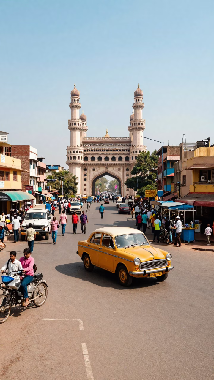 Street Corner at Bright Midmorning Light in Hyderabad in in Hyderabad, India