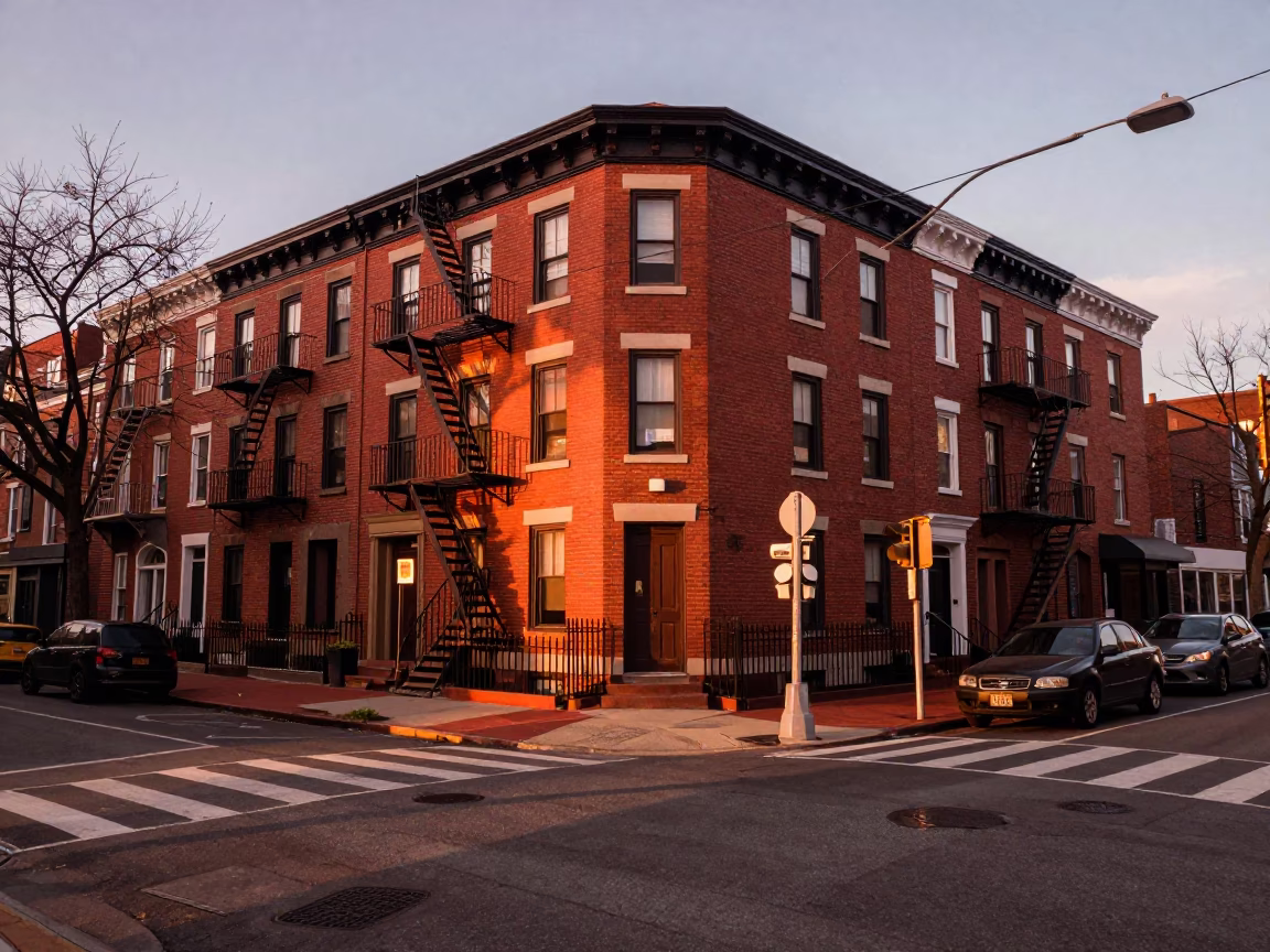 Street Corner at Copper-toned Light Before Dusk in Philadelphia in in Philadelphia, Pennsylvania, United States