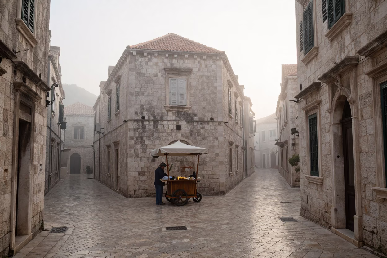 Street Corner at Dawn Light in Dubrovnik in in Dubrovnik, Croatia