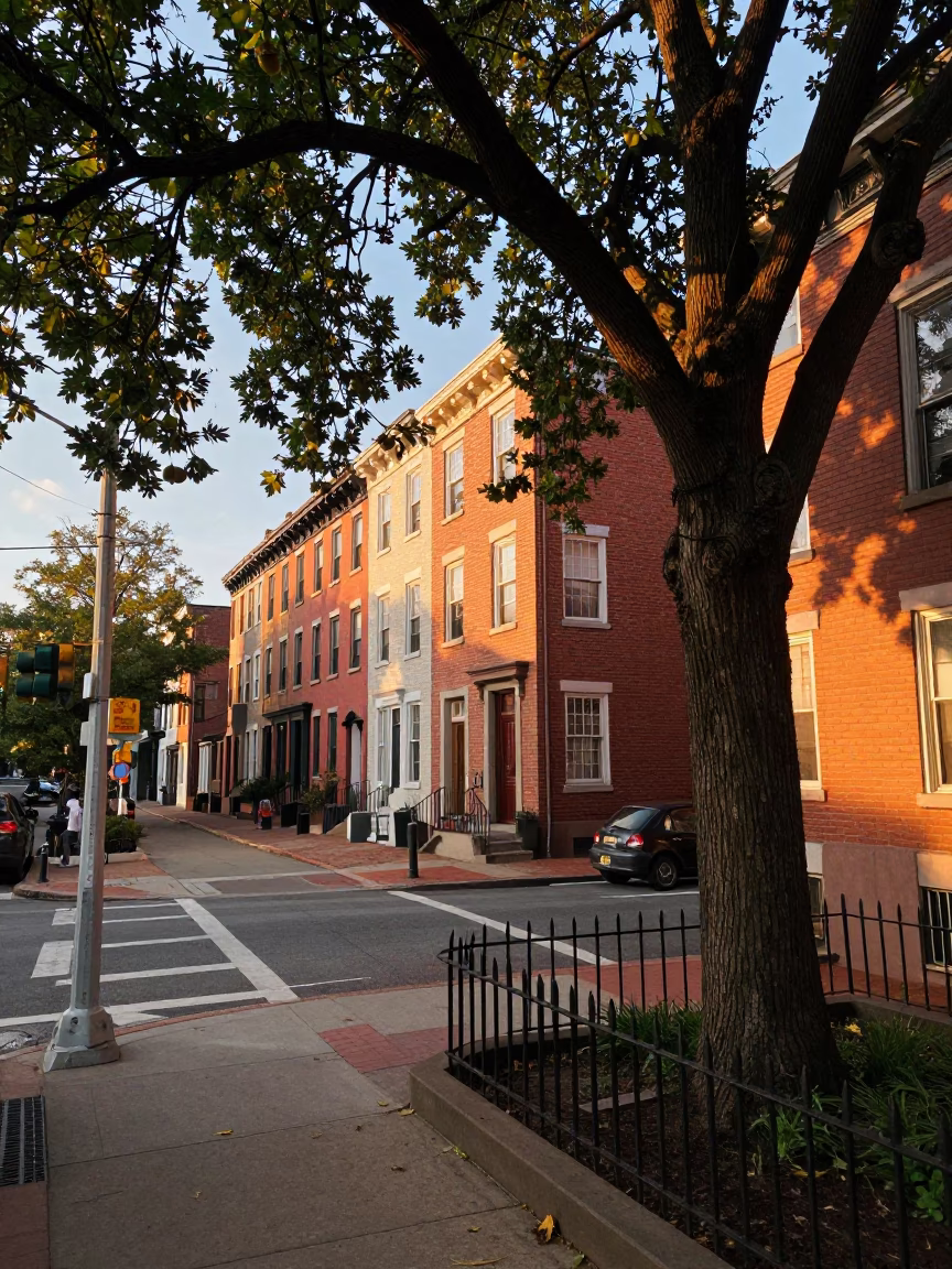 Street Corner at Golden Hour in Philadelphia in in Philadelphia, Pennsylvania, United States