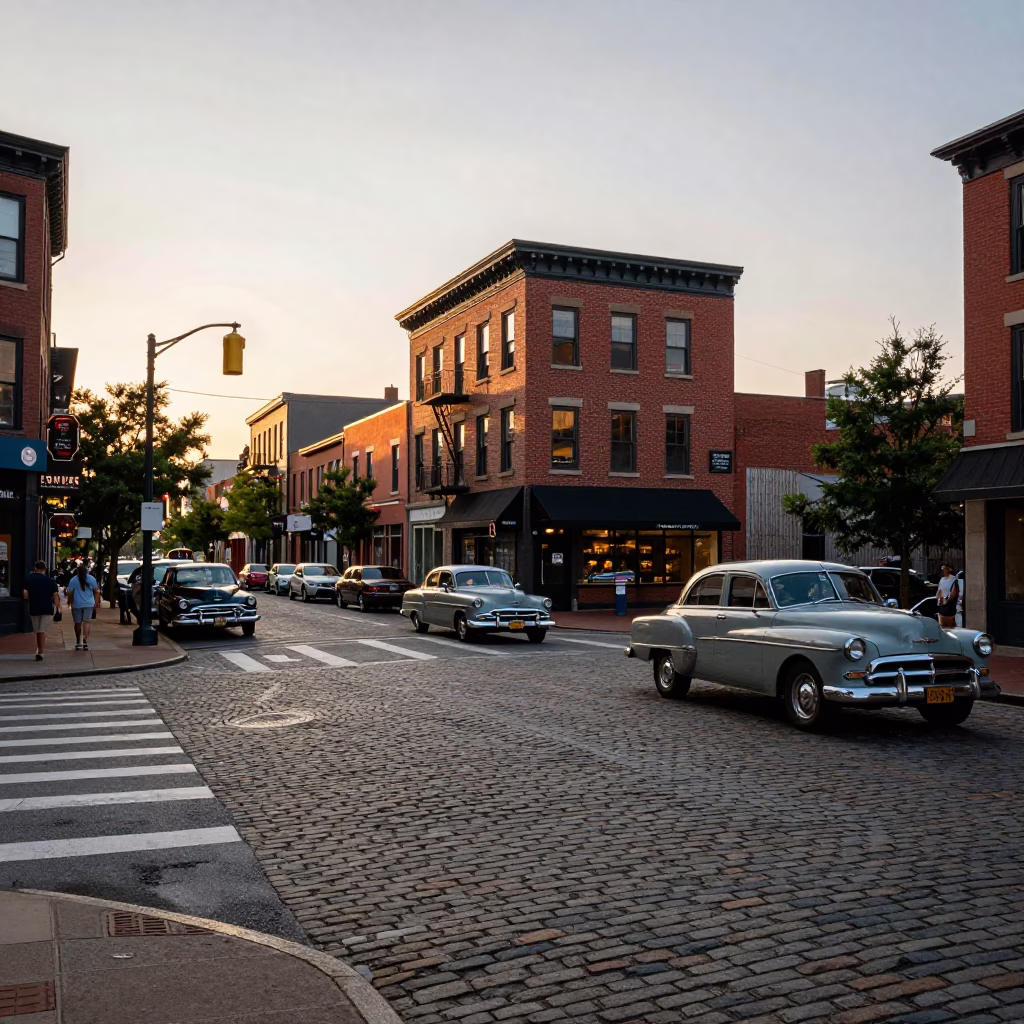 Street Corner at Sunset Light in Philadelphia in in Philadelphia, Pennsylvania, United States