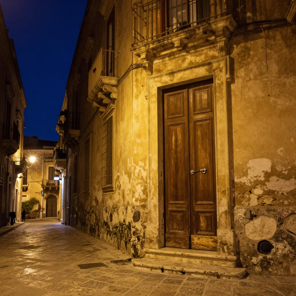 Street Corner at The Deepest Night Sky Light in Palermo in in Palermo, Italy