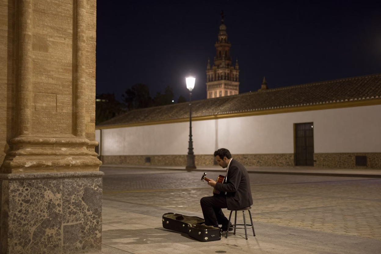 Street Corner at The Deepest Night Sky Light in Seville in in Seville, Spain