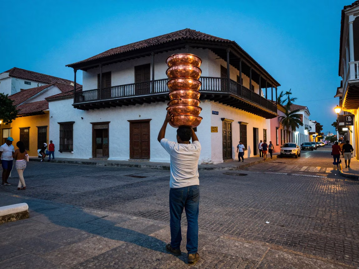 Street Corner at The Last Blue Light Of Evening in Cartagena in in Cartagena, Colombia