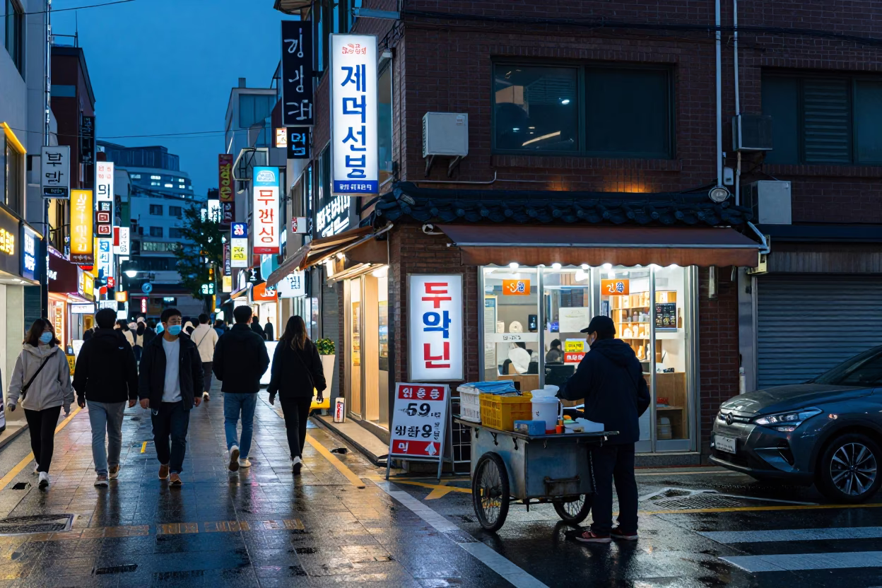Street Corner at The Last Blue Light Of Evening in Seoul in in Seoul, South Korea